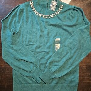 Liz Claiborne Teal Sweater with Embellished Neckline